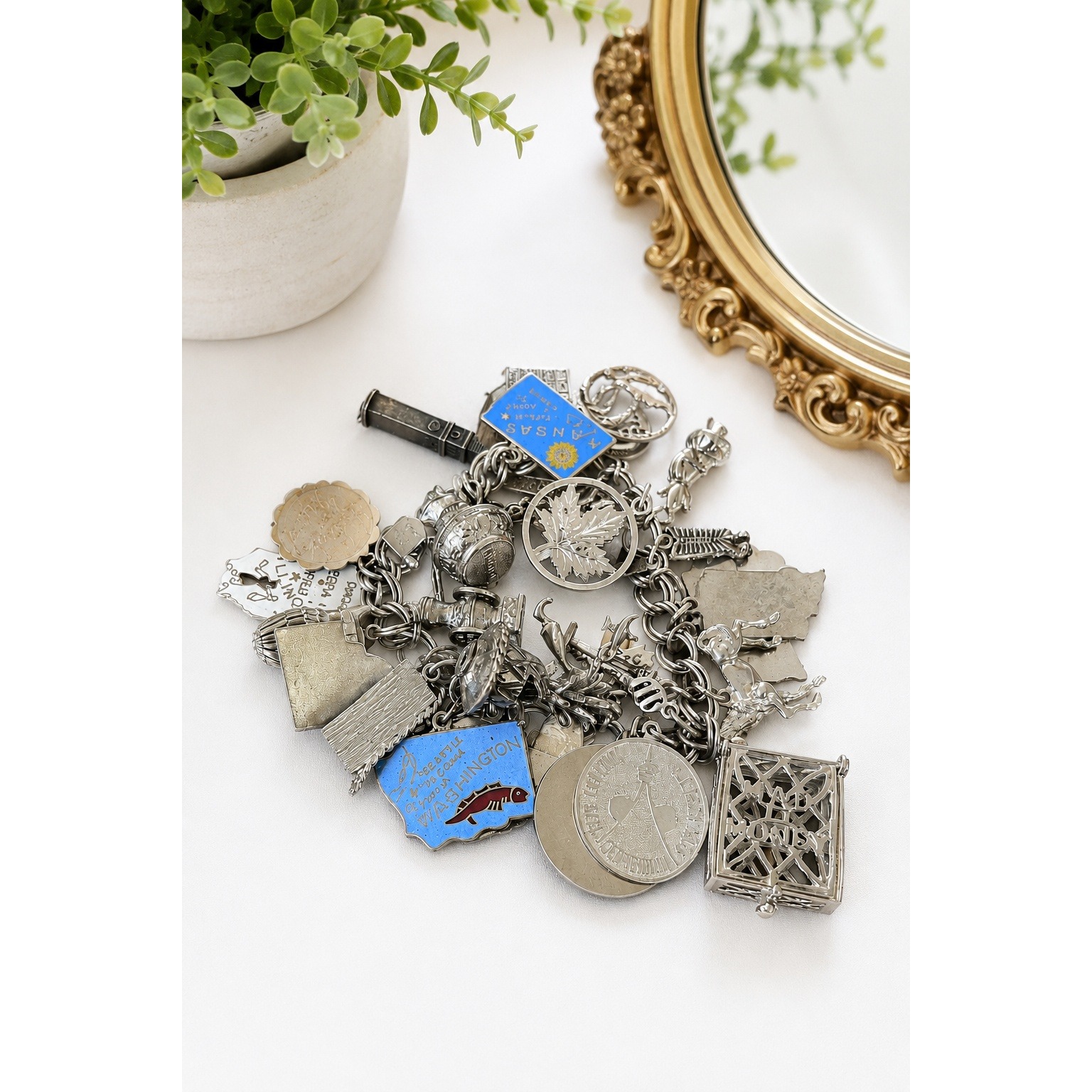 Vintage Silver Tone Charm Bracelet 30 Owl Horse Travel Americana Eclectic Quirky